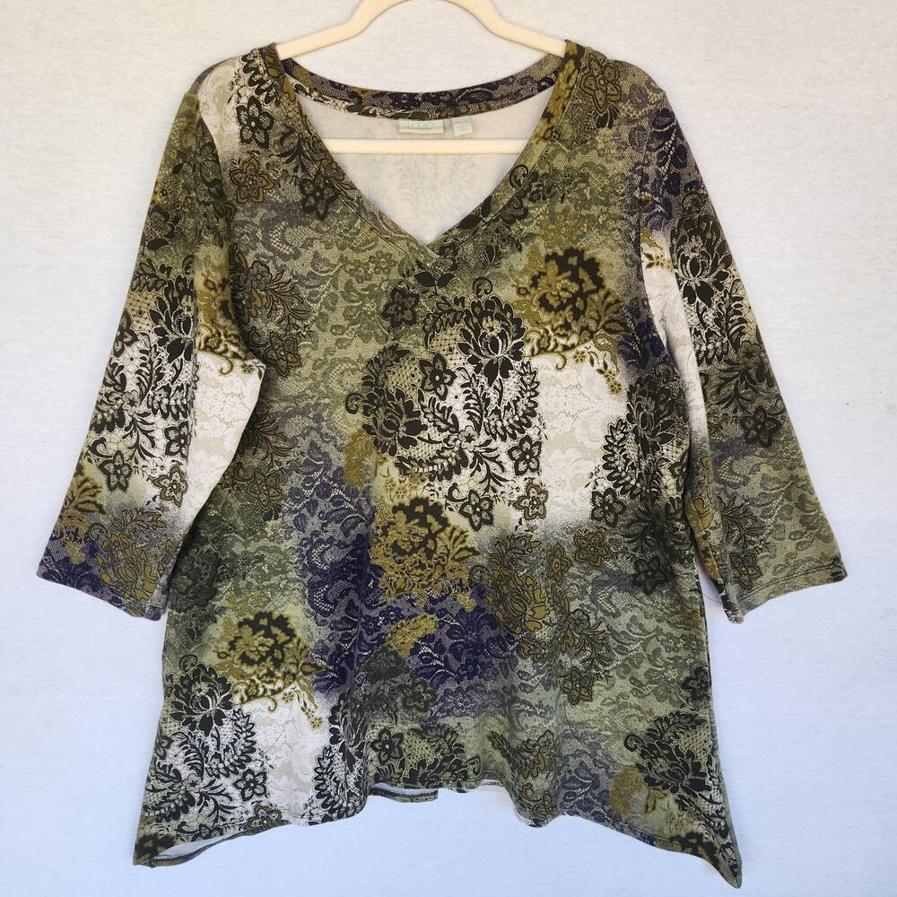 LOGO Lori Goldstein Top SZ XL Green Fairy Asymmetrical Artsy Mature 3/4 Sleeves